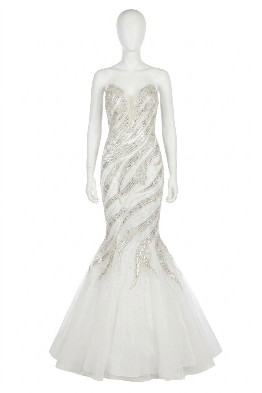 NEW TERANI COUTURE plunging v-neck prom dress in ivory